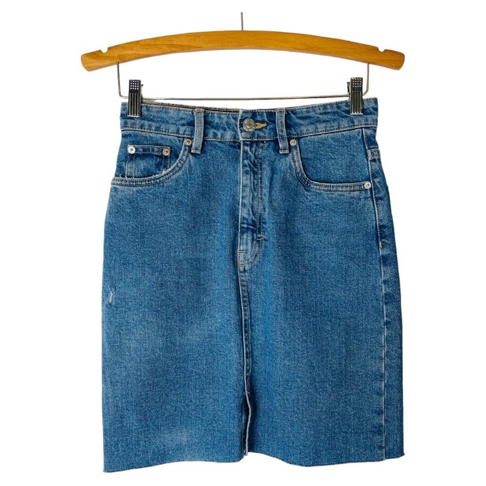 Zara blue denim distressed midi pencil jean skirt XS